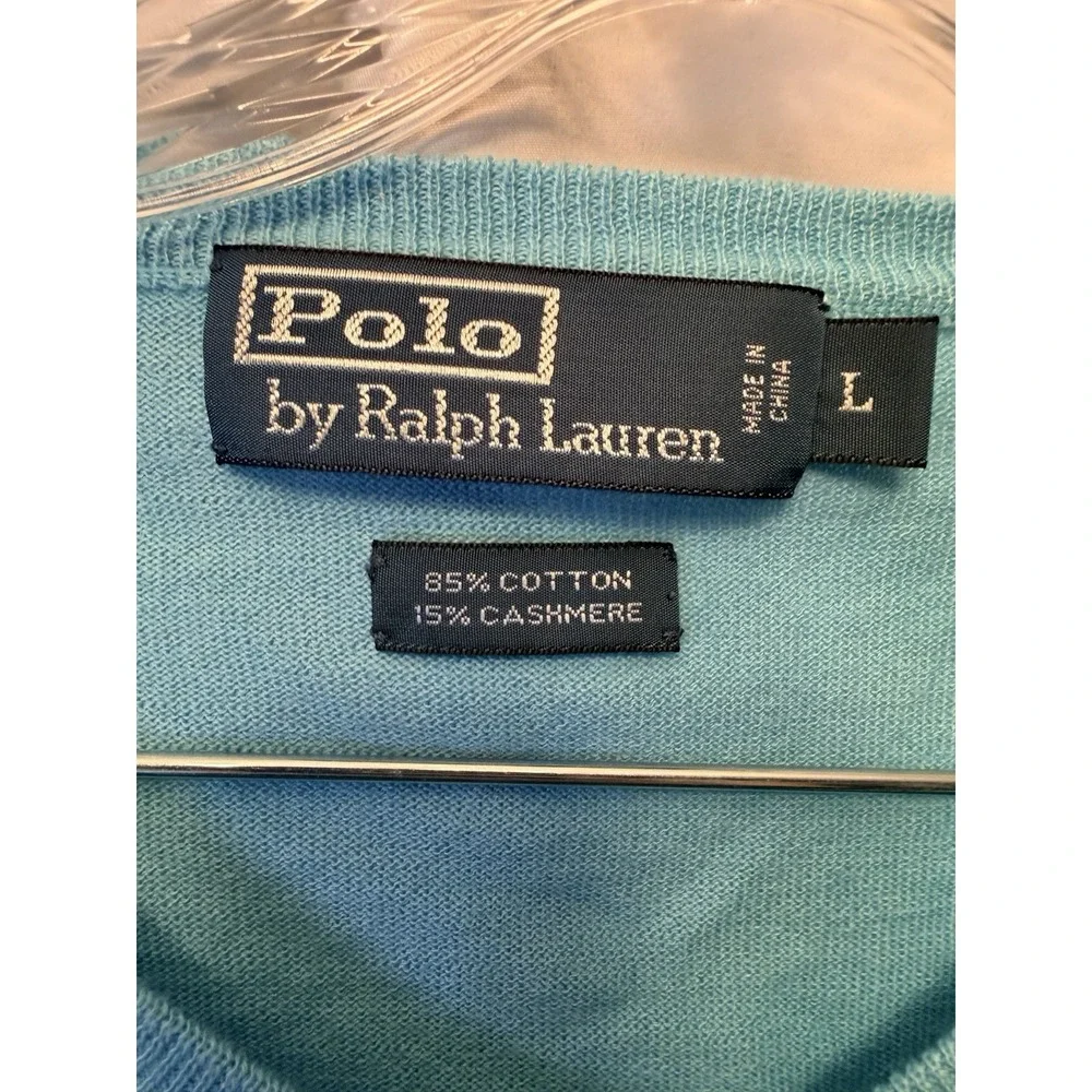 Polo Ralph Lauren Men's Large V-Neck Sweater Cotton Cashmere Lightweight Aqua